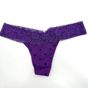 NWT VS Victoria's Secret Pink Vintage‎ Lace Extra Low Rise Thong Purple Hearts L